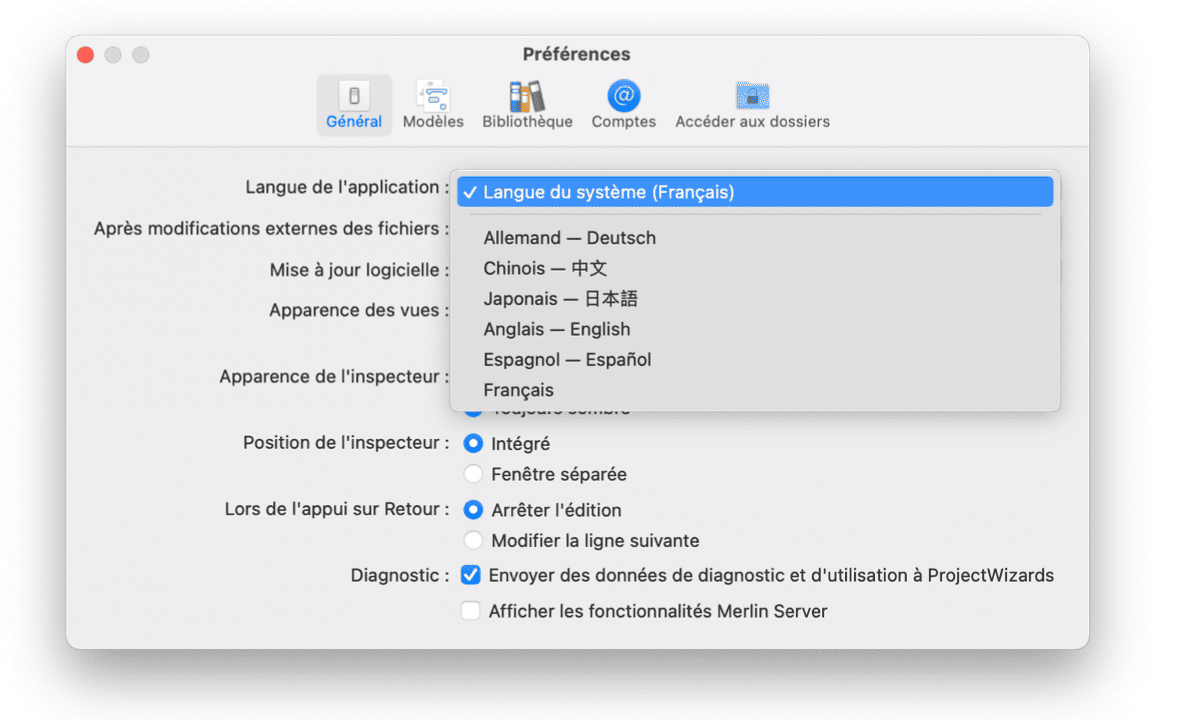 Sélectionner la langue dans Merlin Project Sélectionner la langue dans Merlin Project