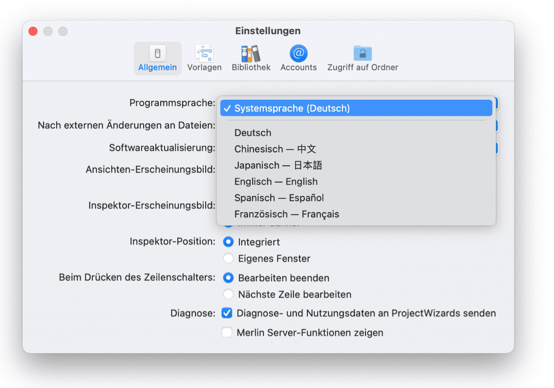 Wählen Sie die Sprache in Merlin Project Wählen Sie die Sprache in Merlin Project