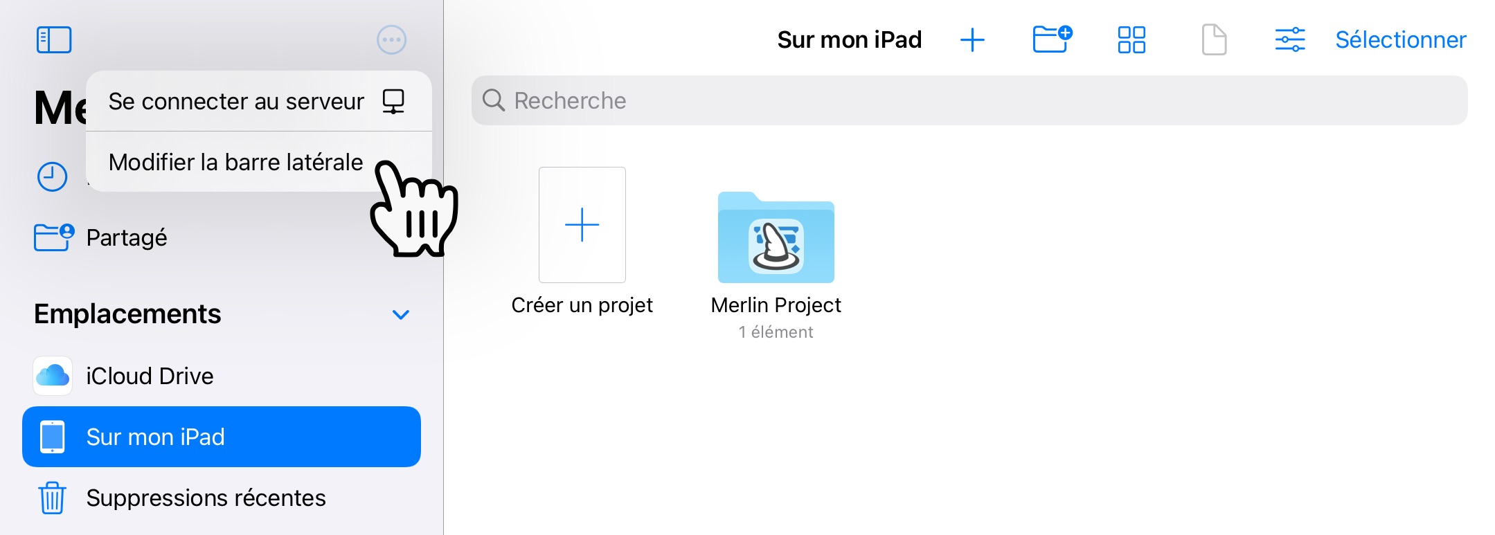 Emplacements de Merlin Project sur l'iPad