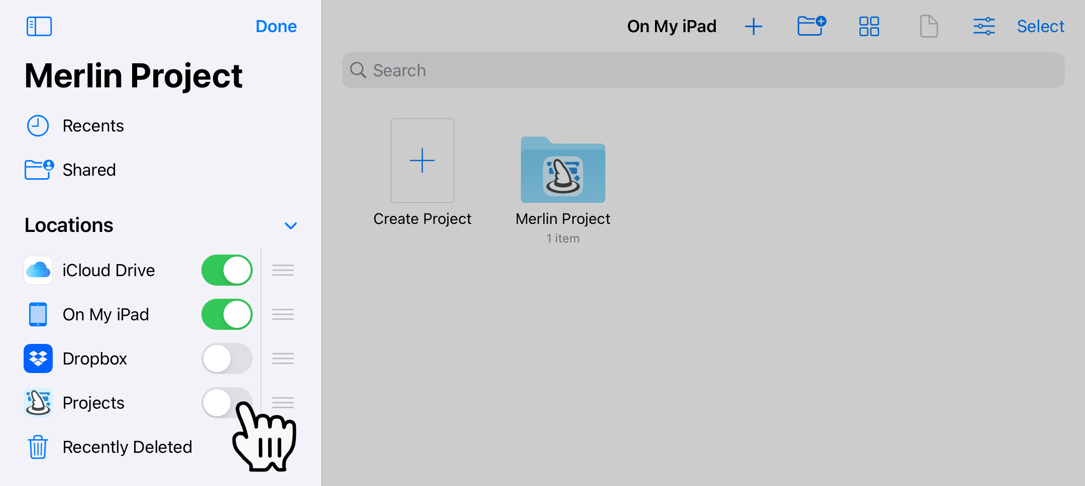 Activate the Projects on Dropbox location Activate the Projects on Dropbox location
