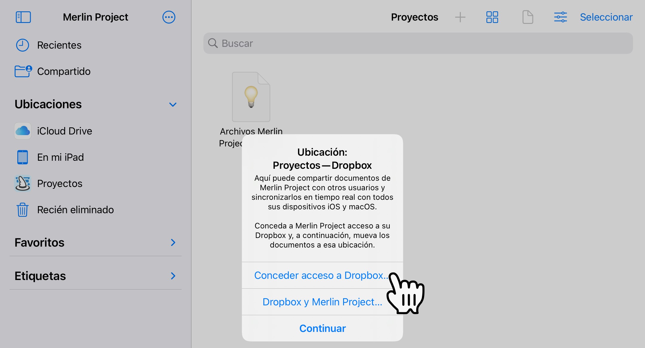 Conceder el acceso de Merlin Project a Dropbox