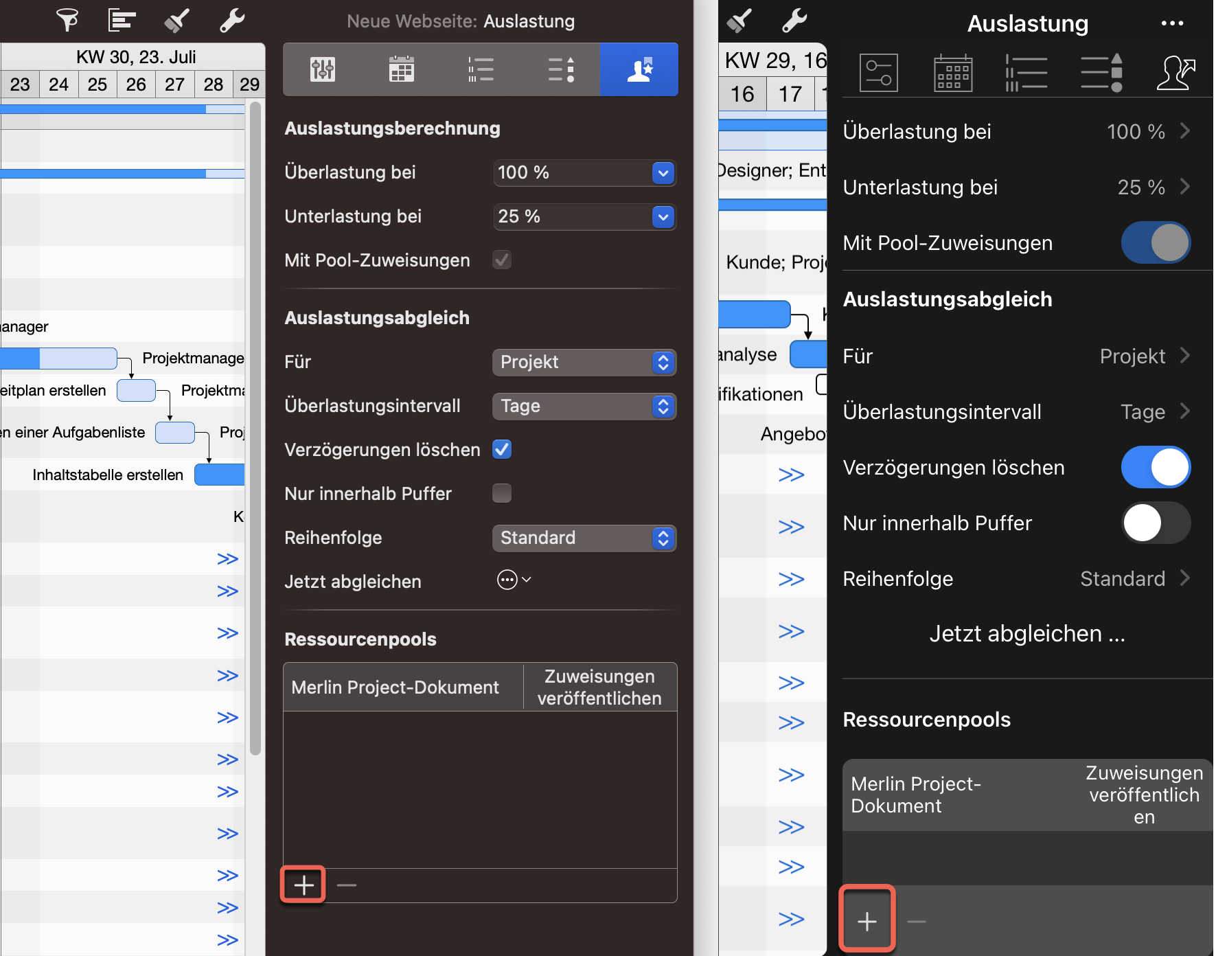 Auslastung-Projekteinstellungen auf dem mac und iPad