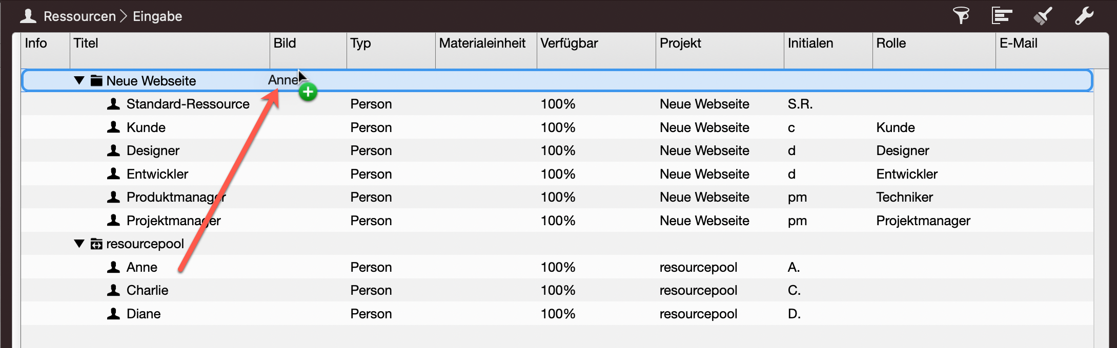 Einfügen einer neuen Ressource aus dem Ressourcenpool