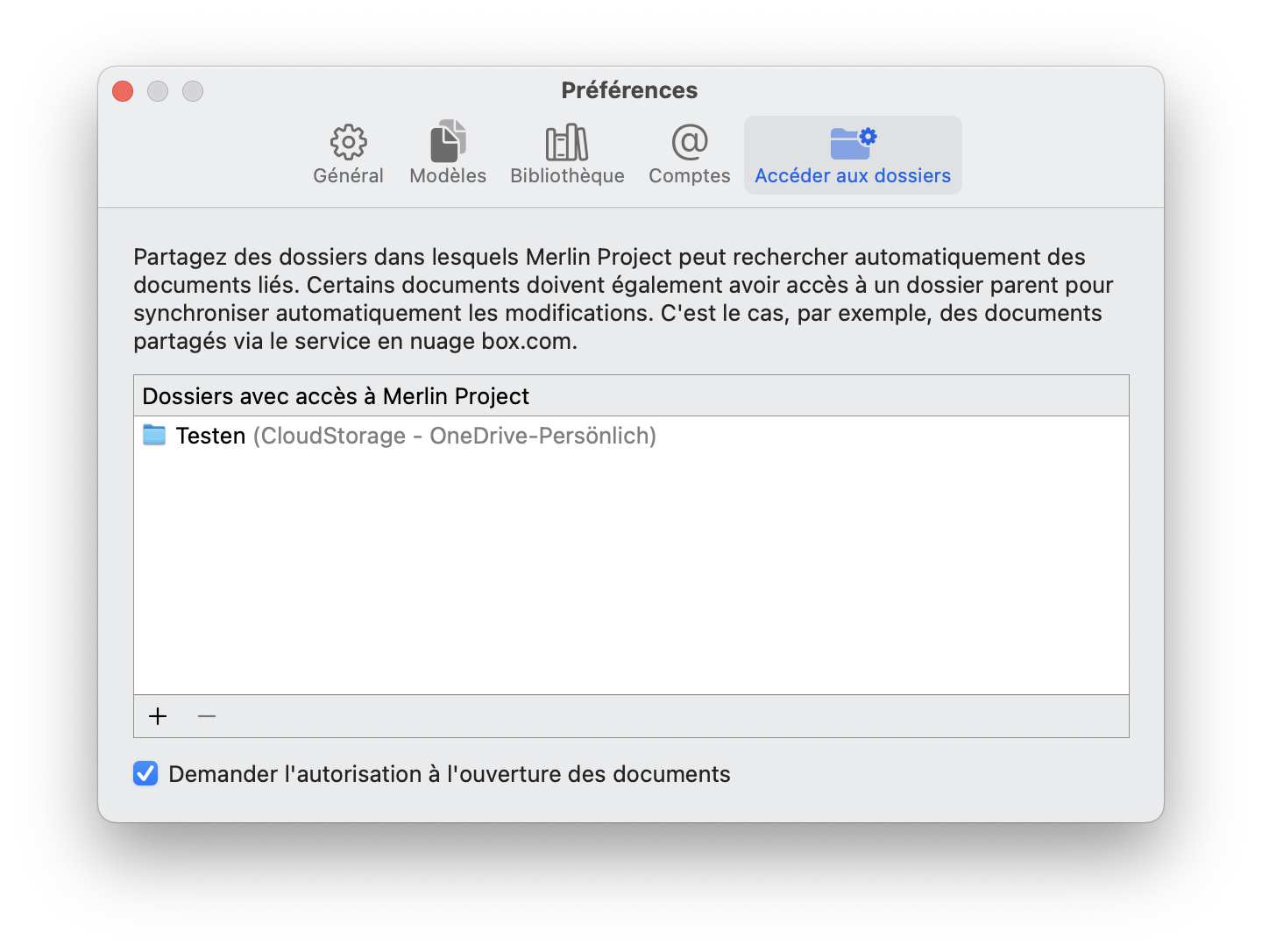 Accès aux dossiers pour Merlin Project