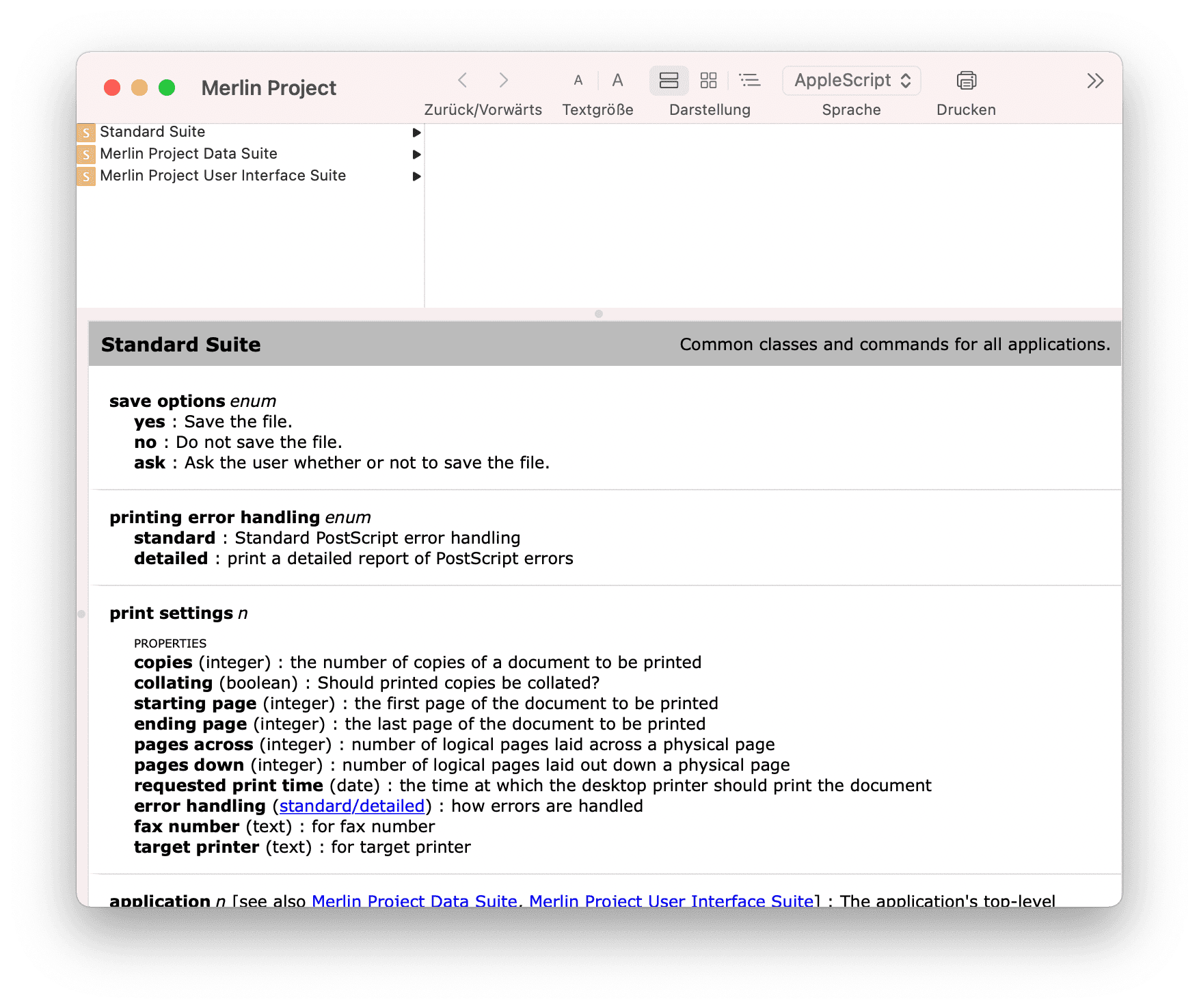 Merlin Project AppleScript Funktionsverzeichnis