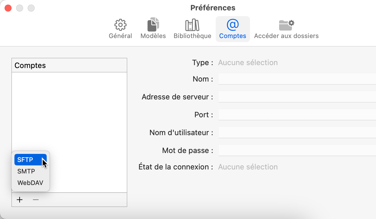 Merlin Project > Préférences > Comptes > + > SFTP Merlin Project > Préférences > Comptes > + > SFTP