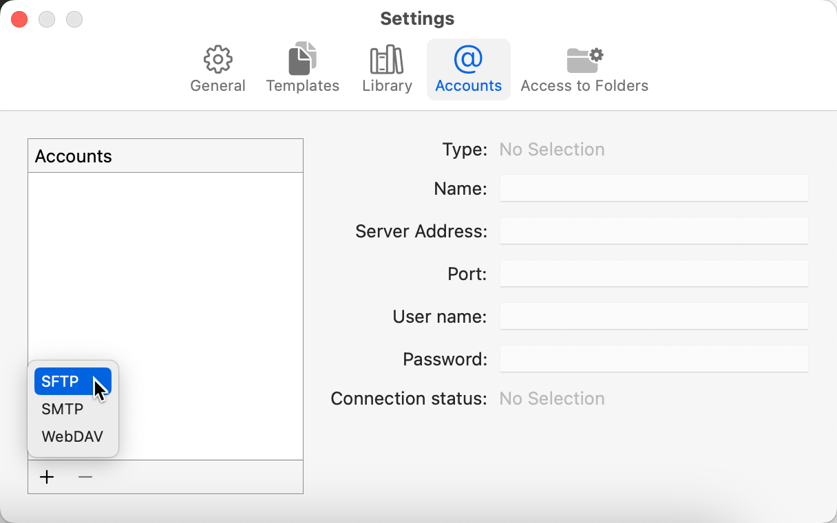 Merlin Project > Preferences > Accounts > + > SFTP