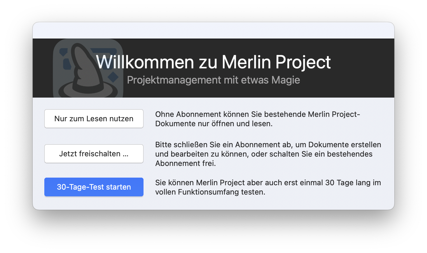 Merlin Project Startbildschirm Merlin Project Startbildschirm