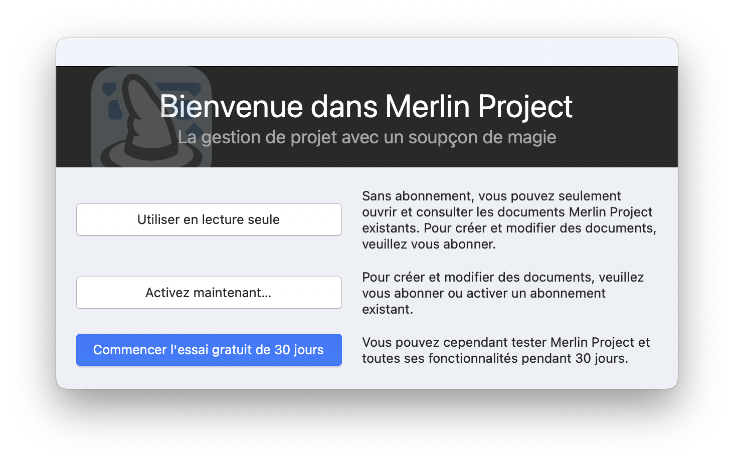 Écran de démarrage dans Merlin Project