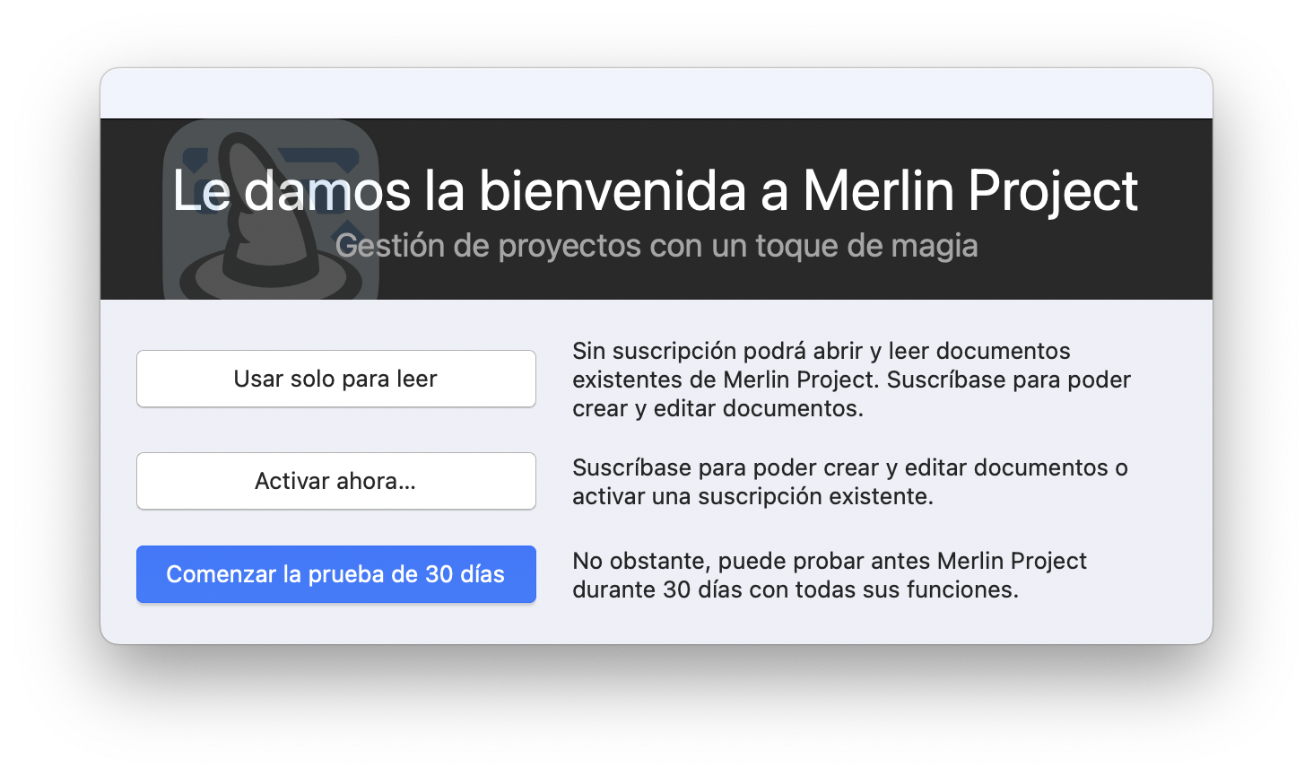 Pantalla de inicio en Merlin Project