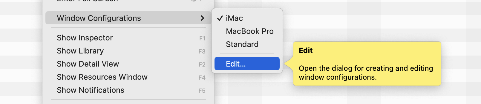 Windows > Window Configurations > Edit... Windows > Window Configurations > Edit...
