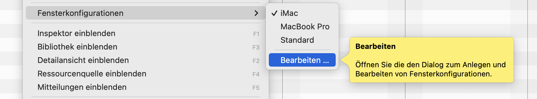 Fenster > Fensterkonfigurationen > Bearbeiten Fenster > Fensterkonfigurationen > Bearbeiten