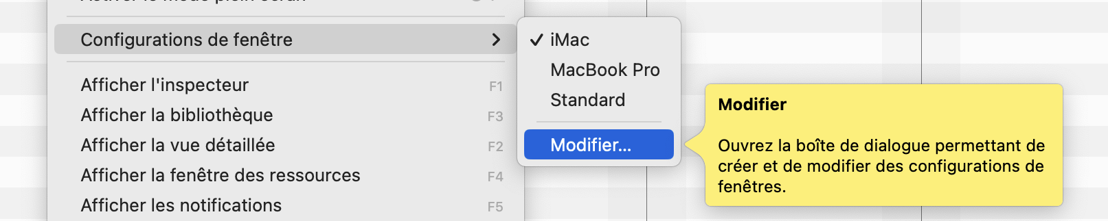 Fenêtres > Configurations des fenêtres > Modifier.... Fenêtres > Configurations des fenêtres > Modifier....