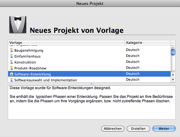 Die Auswahl der Projektvorlage