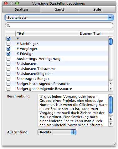 Die Spalten in den Darstellungsoptionen