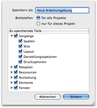 Optionen in den Arbeitsumgebungen